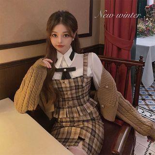 Long-sleeve Shirt / Spaghetti Strap Plaid Peplum Top / Pencil Skirt / Cable Knit Cardigan