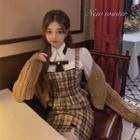 Long-sleeve Shirt / Spaghetti Strap Plaid Peplum Top / Pencil Skirt / Cable Knit Cardigan