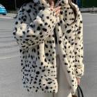 Long-sleeve Zip Panel Leopard Printed Faux Furry Jacket Black & White - One Size