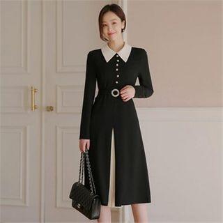 Contrast-trim Pleated Layered Dress With Belt