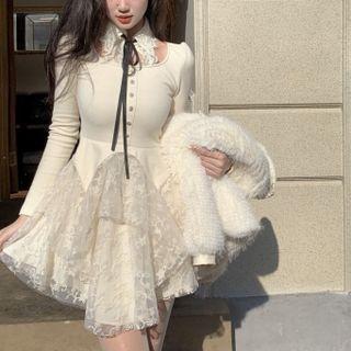 Long Sleeve Lace Panel Knit Dress / Faux Pearl Detail Fluffy Blazer