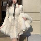 Long Sleeve Lace Panel Knit Dress / Faux Pearl Detail Fluffy Blazer