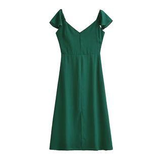 Cap-sleeve V-neck Slit Midi A-line Dress