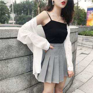 Ribbed Camisole / Check Pleated A-line Skirt / Open-front Light Jacket