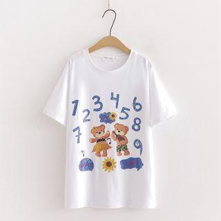 Bear Print Numbering Elbow-sleeve T-shirt