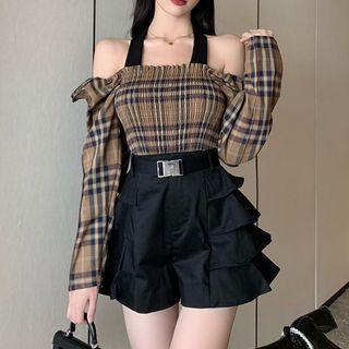 Set: Cold Shoulder Plaid Top + Ruffle Shorts