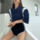 Puff-sleeve Two-tone Polo-shirt / Hot Pants