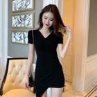 V-neck Short-sleeve Asymmetric Mini Sheath Dress