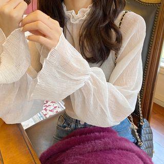 Frilled Long-sleeve Loose-fit Blouse / Velvet Sleeveless Dress