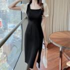 Short-sleeve Two-tone Slit Sheath Dress