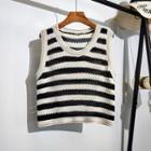 Striped Pointelle Knit Sweater Vest Black Stripes - Almond - One Size