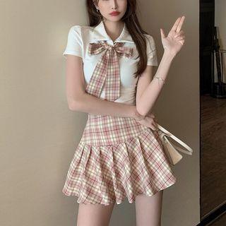 Short-sleeve Collared Tie-neck Top / Plaid Mini A-line Skirt