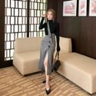 Mock-neck Long-sleeve T-shirt / High Waist Midi Suspender Skirt