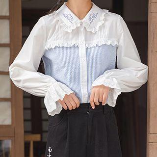 Frill-hem Stripe Panel Long-sleeve Shirt