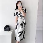 Short-sleeve Print Midi A-line Dress Black Floral - White - One Size