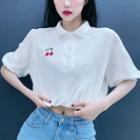 Short-sleeve Cherry Embroidered Cropped Polo Shirt