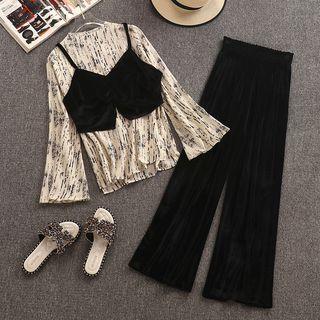 Set: Printed Flared-sleeve Blouse + Cropped Camisole Top + Corduroy Wide-leg Pants