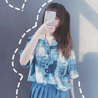 Short-sleeve Cat Print Shirt Short Sleeve - Cat - One Size