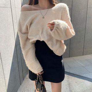 Long-sleeve Oversize Plain Sweater / Plain Corduroy Pinafore Dress