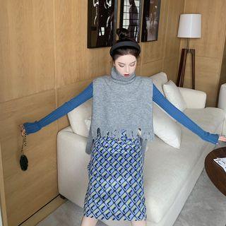 Turtle-neck Knit Vest / Long-sleeve Top / Patterned A-line Dress