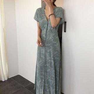 Printed Short-sleeve Maxi A-line Dress Grayish Green - One Size