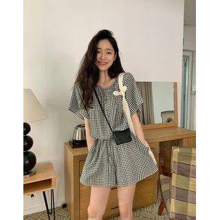 Short-sleeve Plaid Romper Black & White - One Size