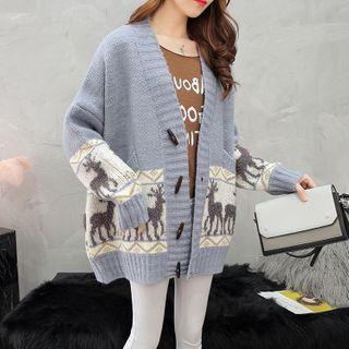 Printed V-neck Cardigan Grayish Blue - One Size