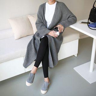 Raglan-shoulder Long Rib-knit Cardigan