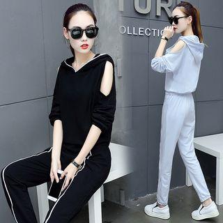 Set: Cutout-shoulder Hooded Pullover + Contrast-trim Pants