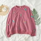 Long-sleeve Embroidered Loose-fit Top Pink - One Size