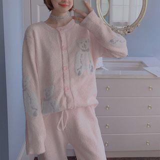 Bear Print Pullover / Buttoned Top / Lounge Pants / Set