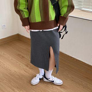 Plain Slit Midi Straight-fit Knit Skirt