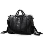 Faux Leather Fringed Rivet Boston Bag