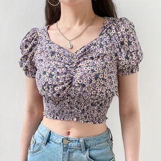 Puff-sleeve Cropped Floral Top