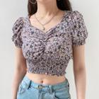 Puff-sleeve Cropped Floral Top