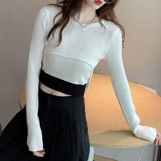 Set: Cropped Long-sleeve Knit Top + Contrast Trim Tank Top
