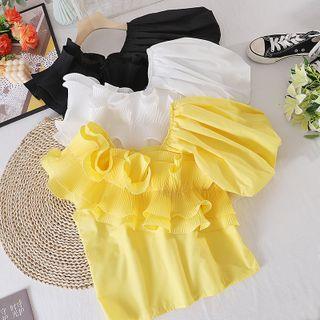 Diagonal Shoulder Asymmetrical Puff-sleeve Chiffon Top