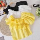 Diagonal Shoulder Asymmetrical Puff-sleeve Chiffon Top