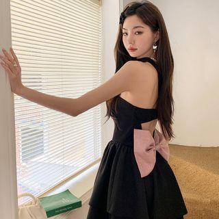 Spaghetti-strap Open-back Ribbon Mini A-line Dress