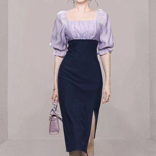 Puff-sleeve Two-tone Side-slit Sheath Dress
