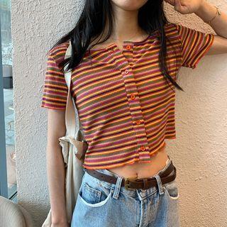 Short-sleeve Button-down Stripe Crop Top