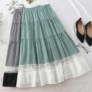 Mesh Panel Checked Midi A-line Skirt