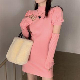 Set: Puff-sleeve Mock-neck Knit Mini Bodycon Dress + Arm Sleeves