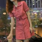Contrast Stitching Short-sleeve Mini A-line Shirtdress Dark Pink - One Size
