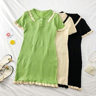 Ruffled-trim Summer-knit Polo Dress