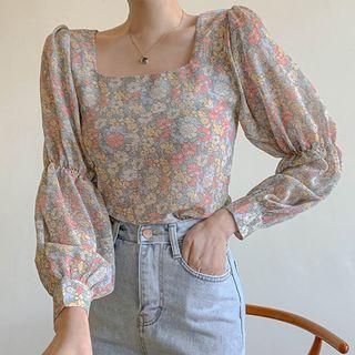 Floral Print Square-neck Lantern-sleeve Blouse