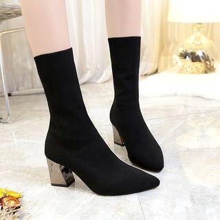Chunky Heel Mid-calf Knit Boots