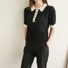 Collared Contrast-trim Cable-knit Top