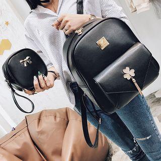 Set: Clover Tasseled Faux Leather Backpack + Zip Pouch