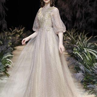 Balloon-sleeve Sequined A-line Mesh Evening Gown